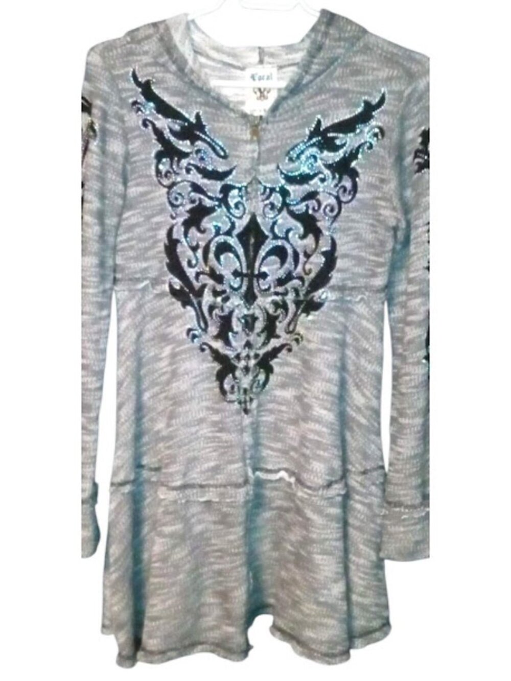 Vocal Gray Zip‑Up Hooded Sweater Iridescent Embellishment Tunic Small
